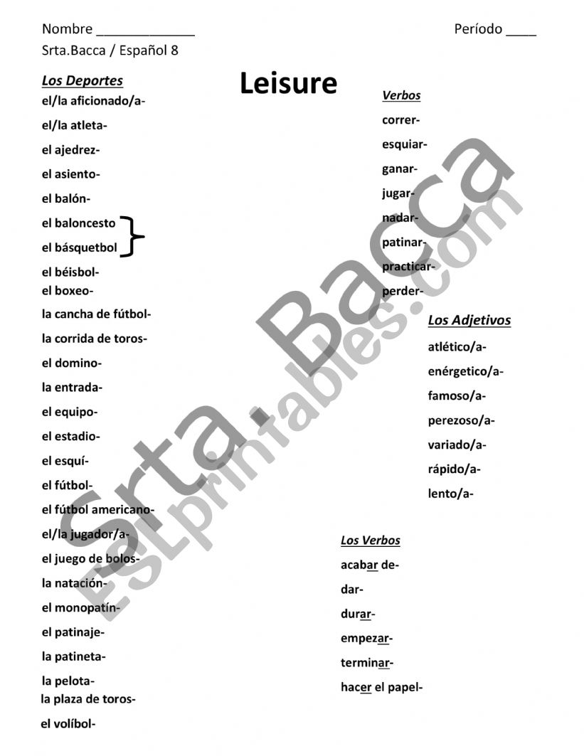 Leisure Vocabulary worksheet