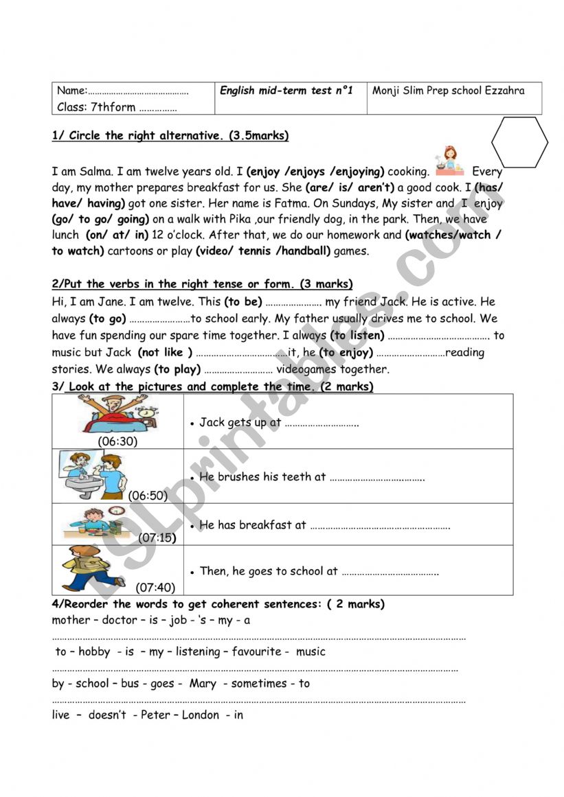 7th mid term test n1 worksheet