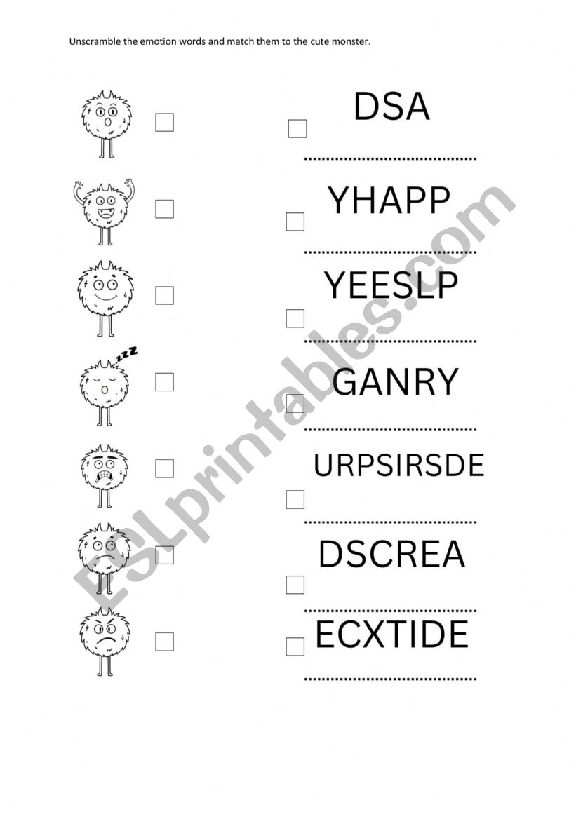 Feeling Monsters Word Unscramble and Match