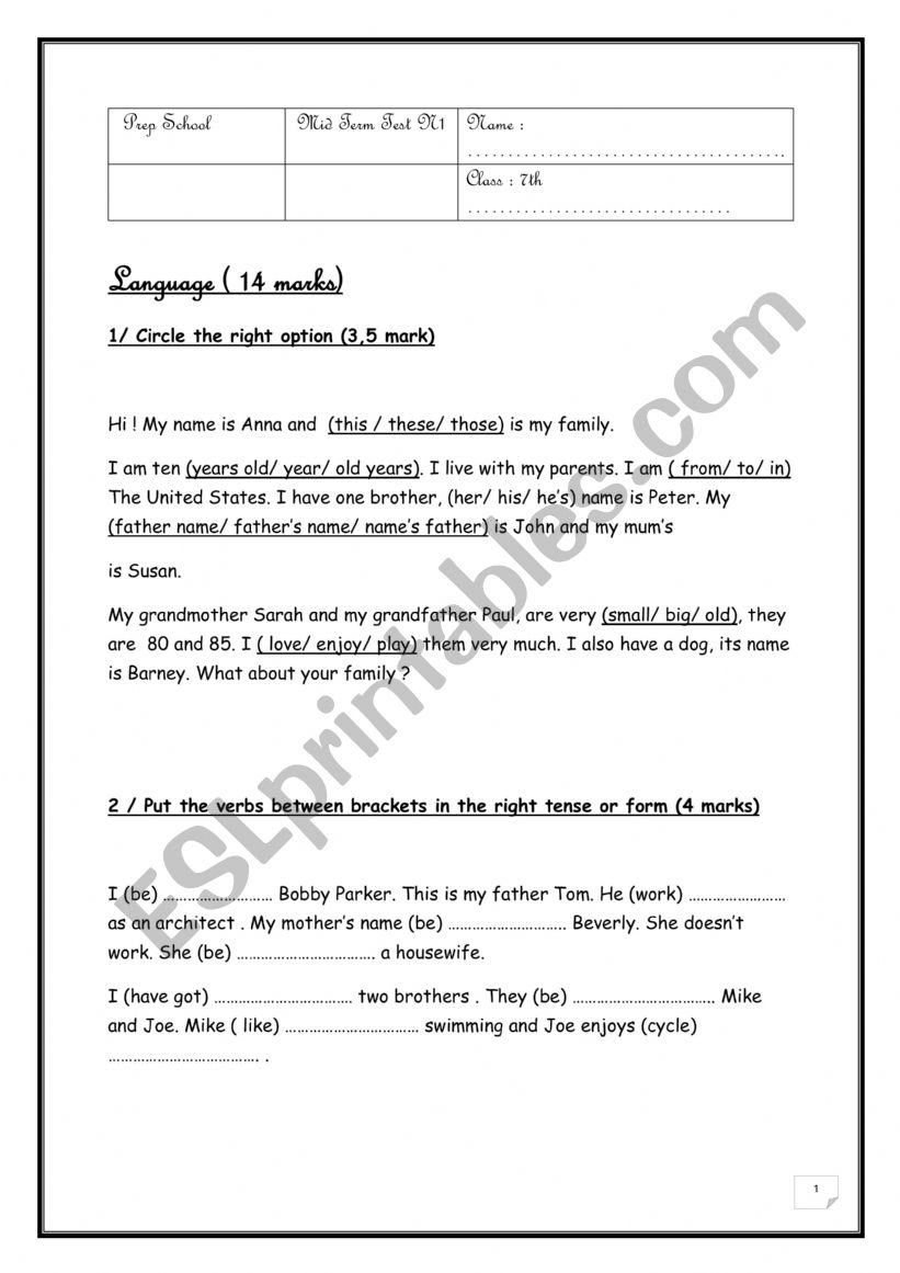 Mid term test 1 7th form worksheet