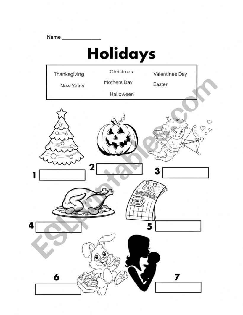 Holidays Matching Worksheet worksheet