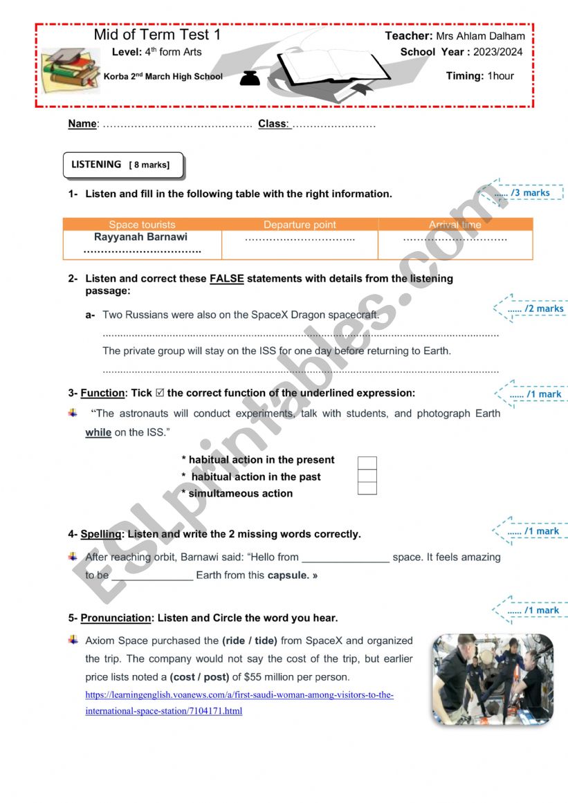 Mid of term test 1 BAC ARTS worksheet