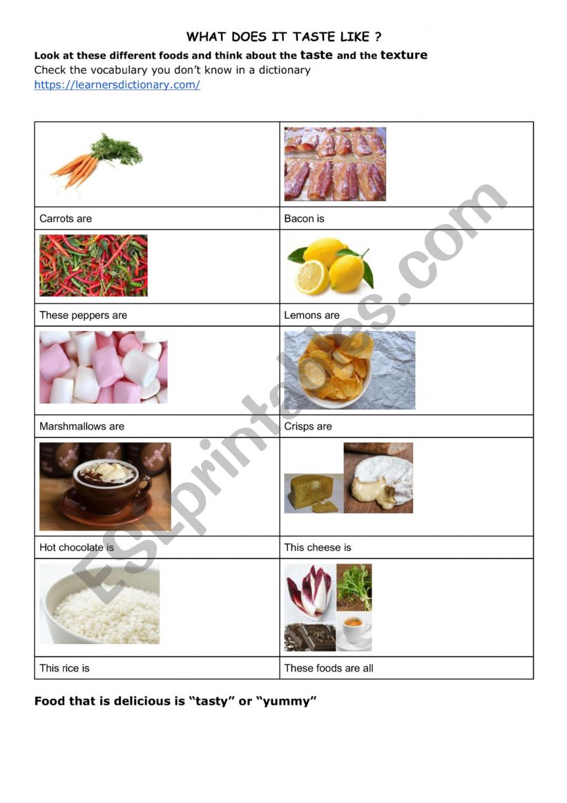 Food - tastes and textures  worksheet