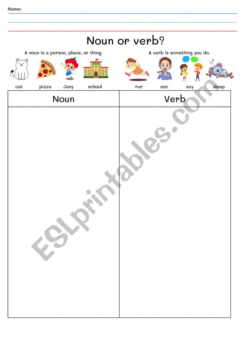 Noun or Verb Word Sort worksheet