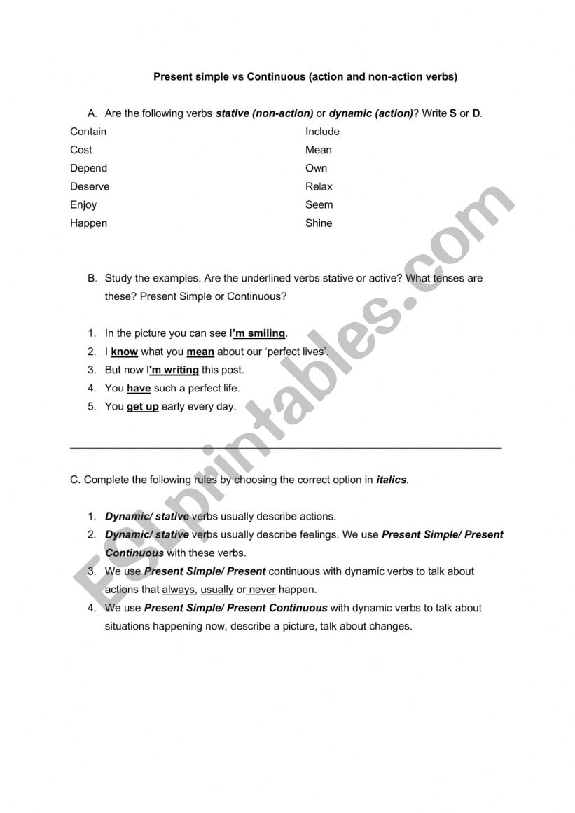 Guided discovery Present simple vs Continuous (action and non-action verbs)