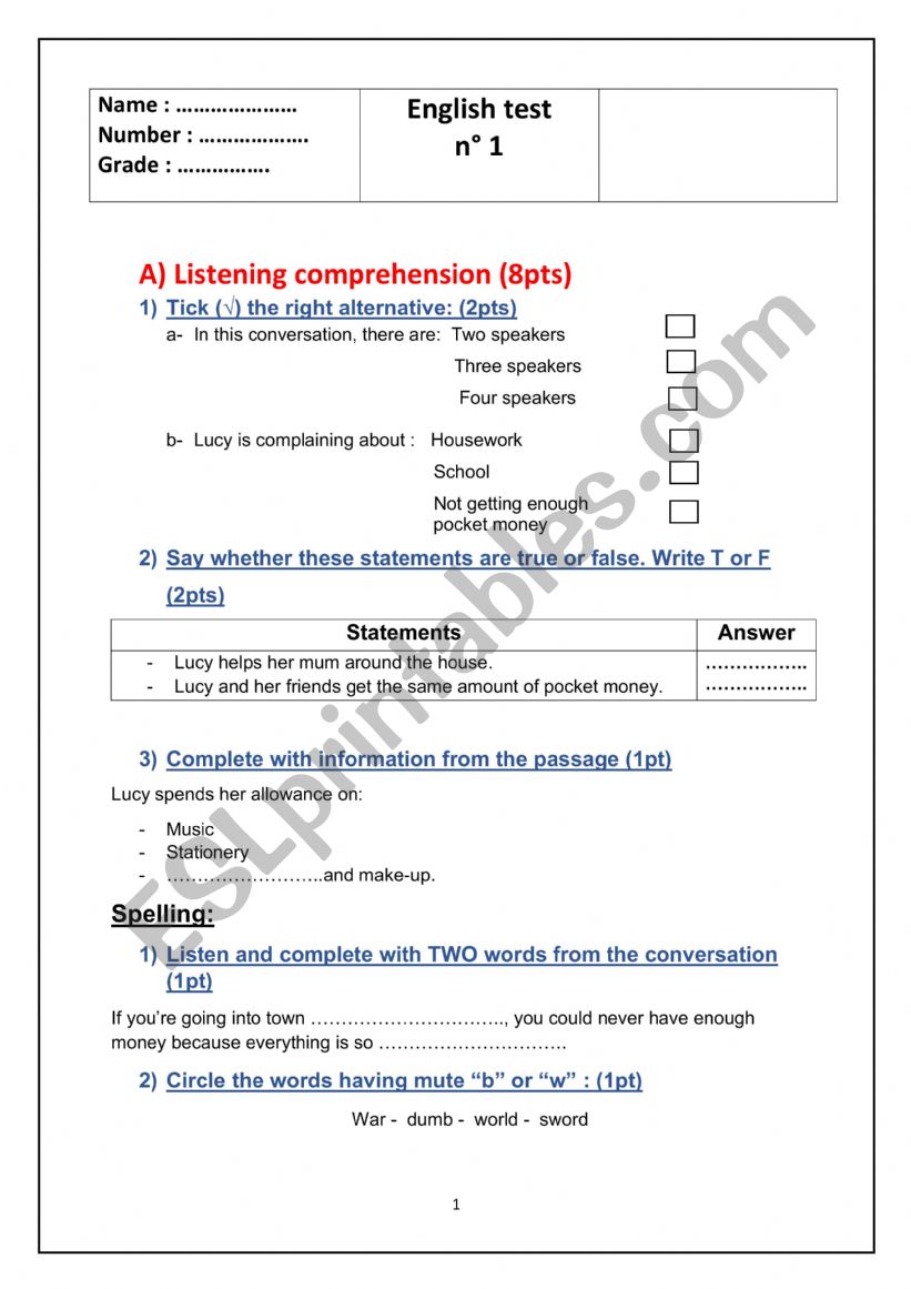 9th grade mid term exam n1 worksheet