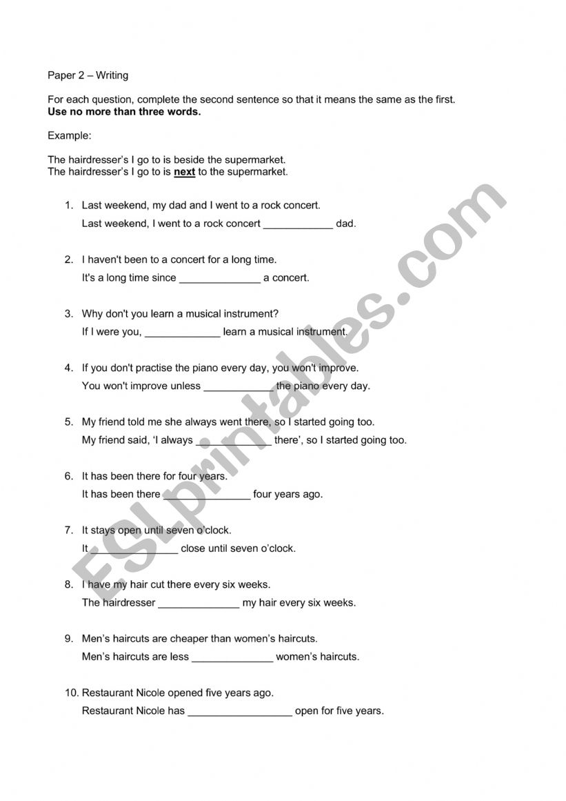 Sentence Transformation Esl Worksheet By Priya1107