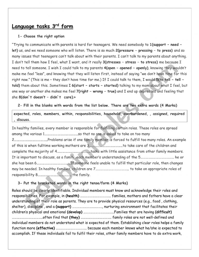 language tasks family worksheet