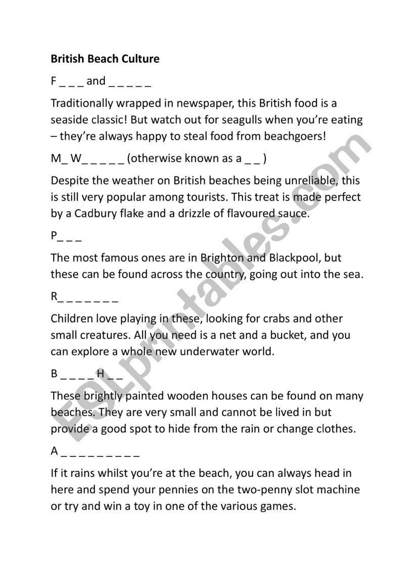 British Beach Vocabulary Worksheet