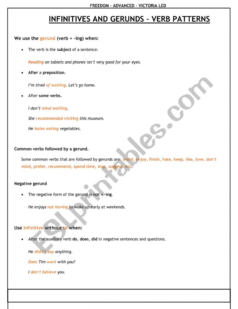 INFINITIVES AND GERUNDS – VERB PATTERNS - ESL Worksheet By Vickyled