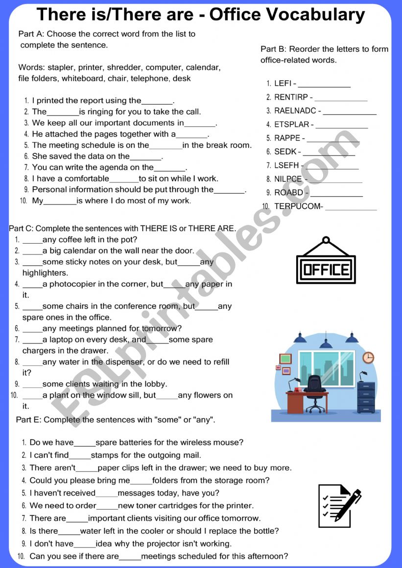 The office - there is / there are, some and any - ESL worksheet by ...