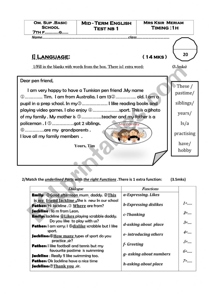  Mid term test 1 7TH FORM worksheet