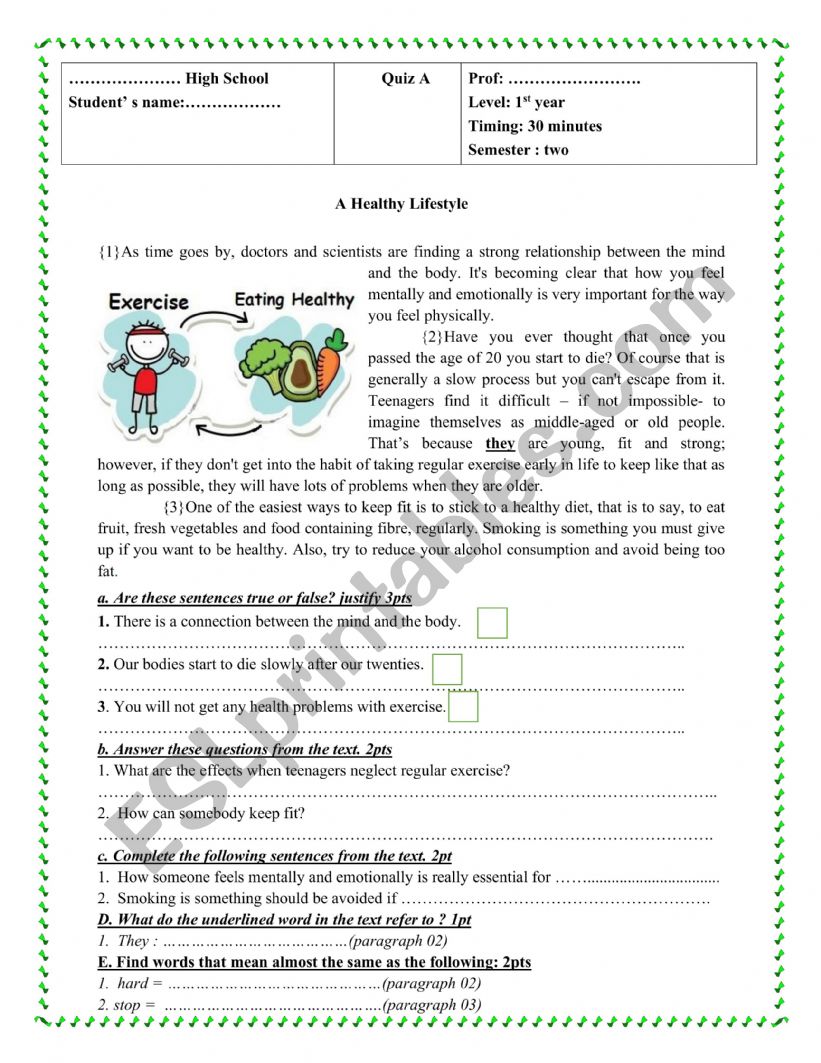 Healthy eating  worksheet