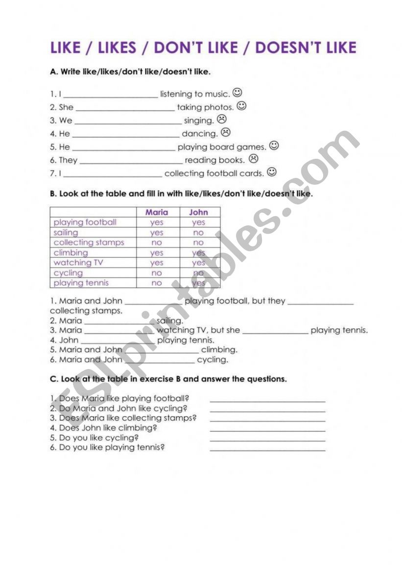 Likes and dislikes worksheet