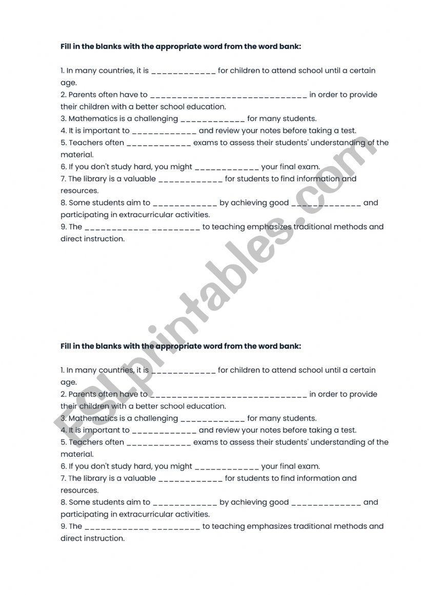 quiz on education vocabulary worksheet