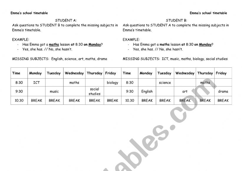 School subjects worksheet