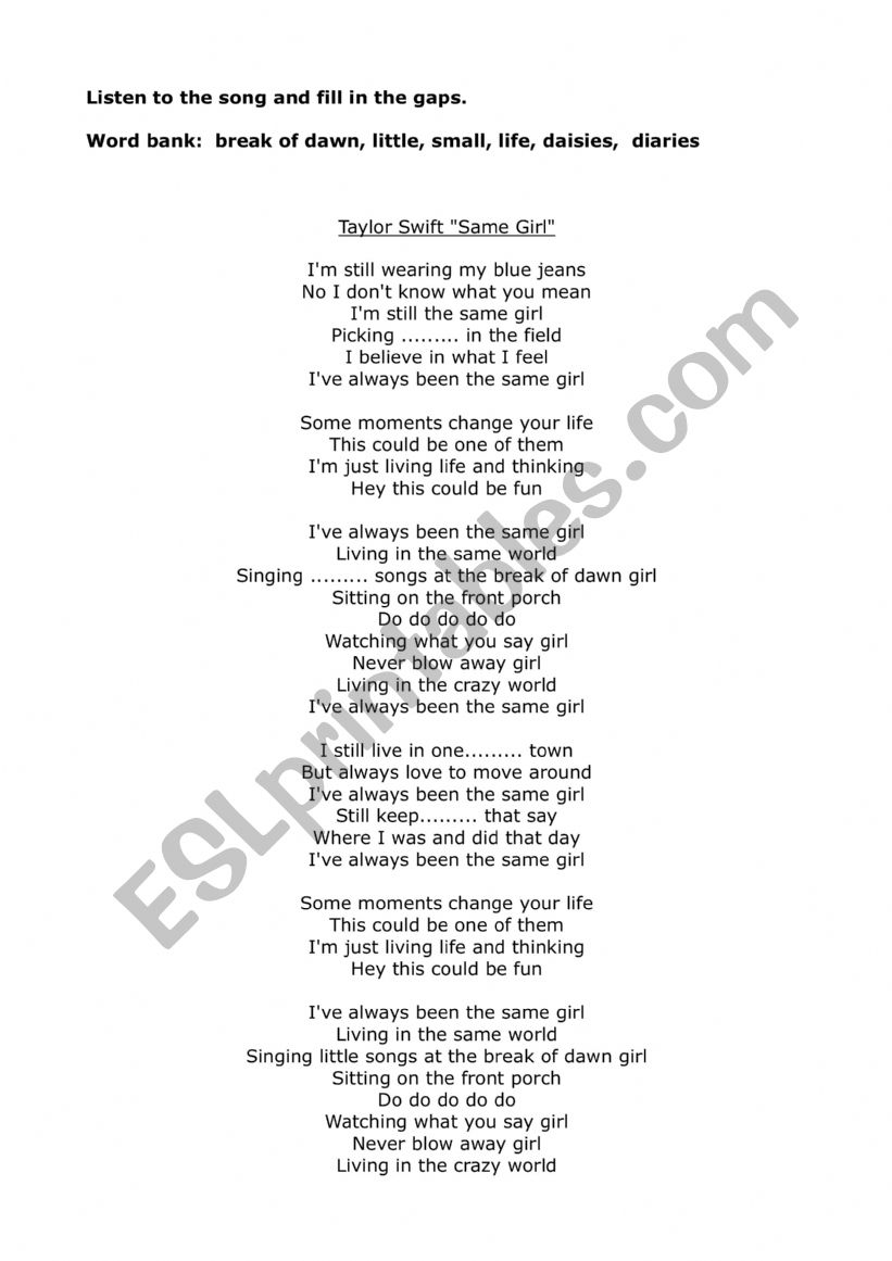 Listening a song worksheet, Taylor Swift 
