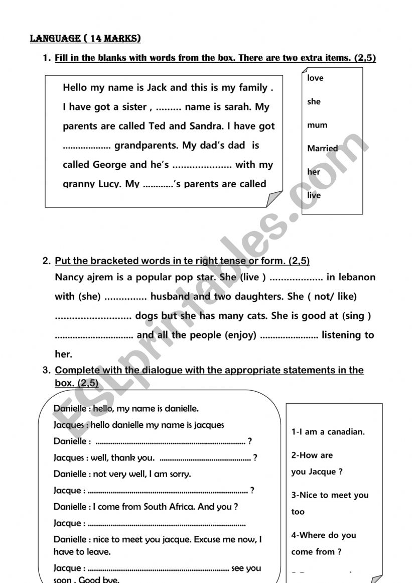 Mid term test 7th language worksheet