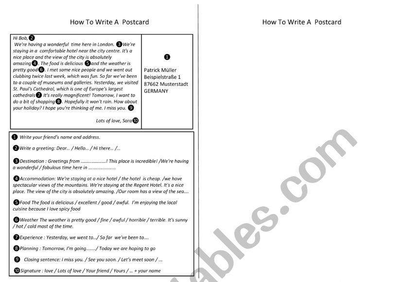 how to write a postcard  worksheet