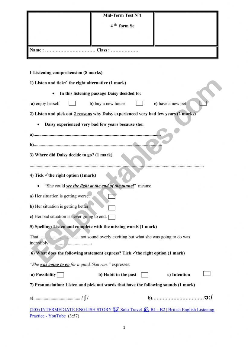 Mid-term test 1 4th form worksheet