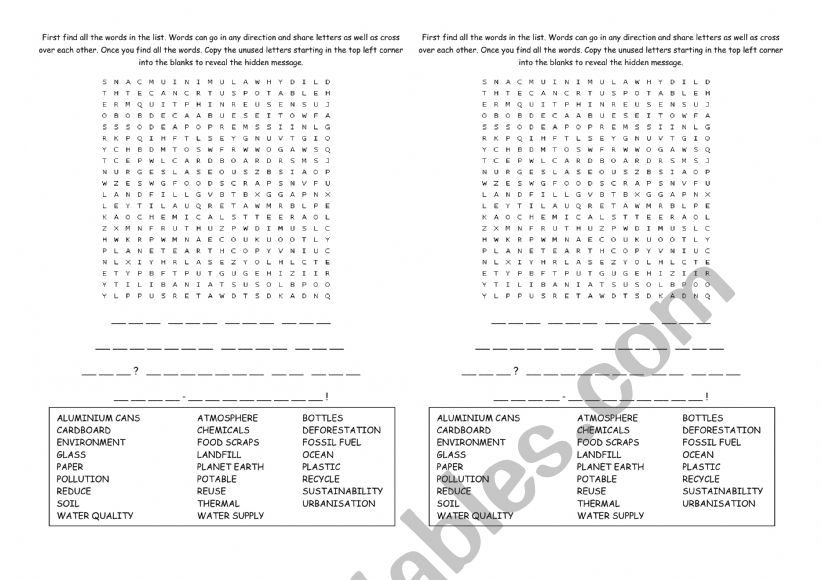 Recycling Hidden Message Wordsearch