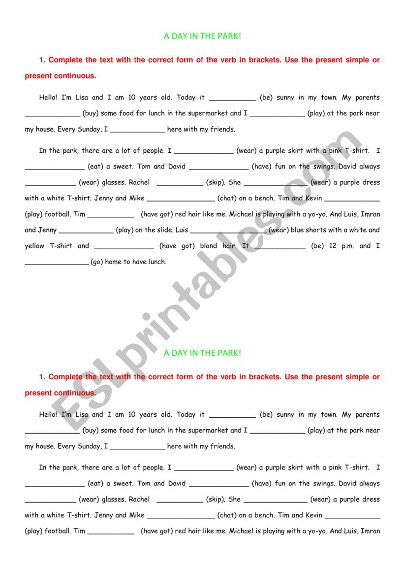 A day in the park worksheet