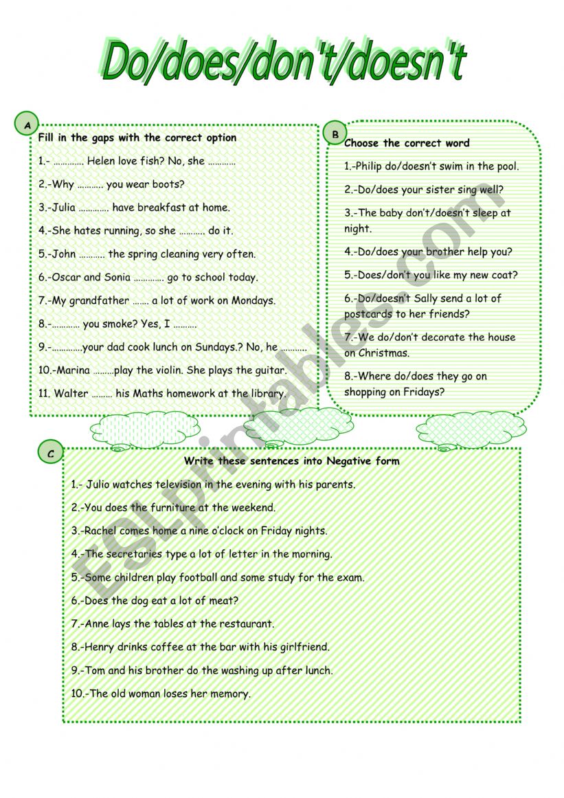 Do/does/don�t/doesn�t worksheet