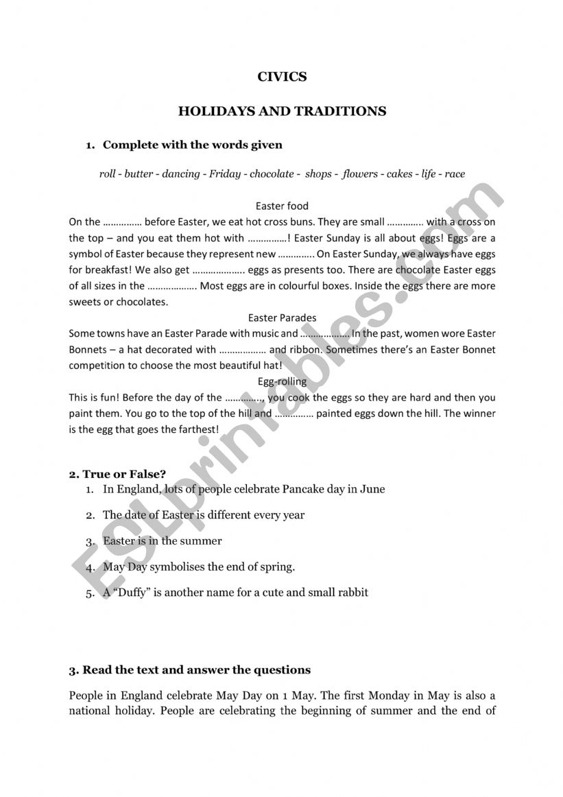 HOLIDAYS AND TRADITIONS worksheet