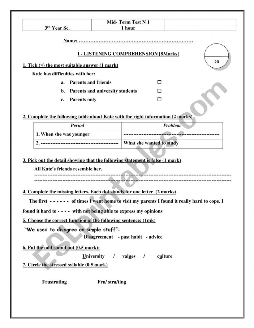 3rd Year Sc Mid- Term Test N 1