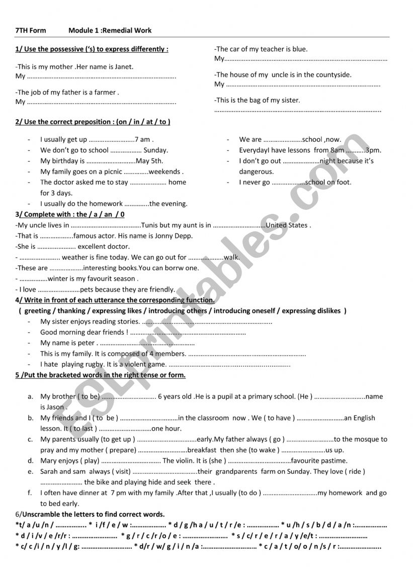 7th Form Module 1 Remedial work