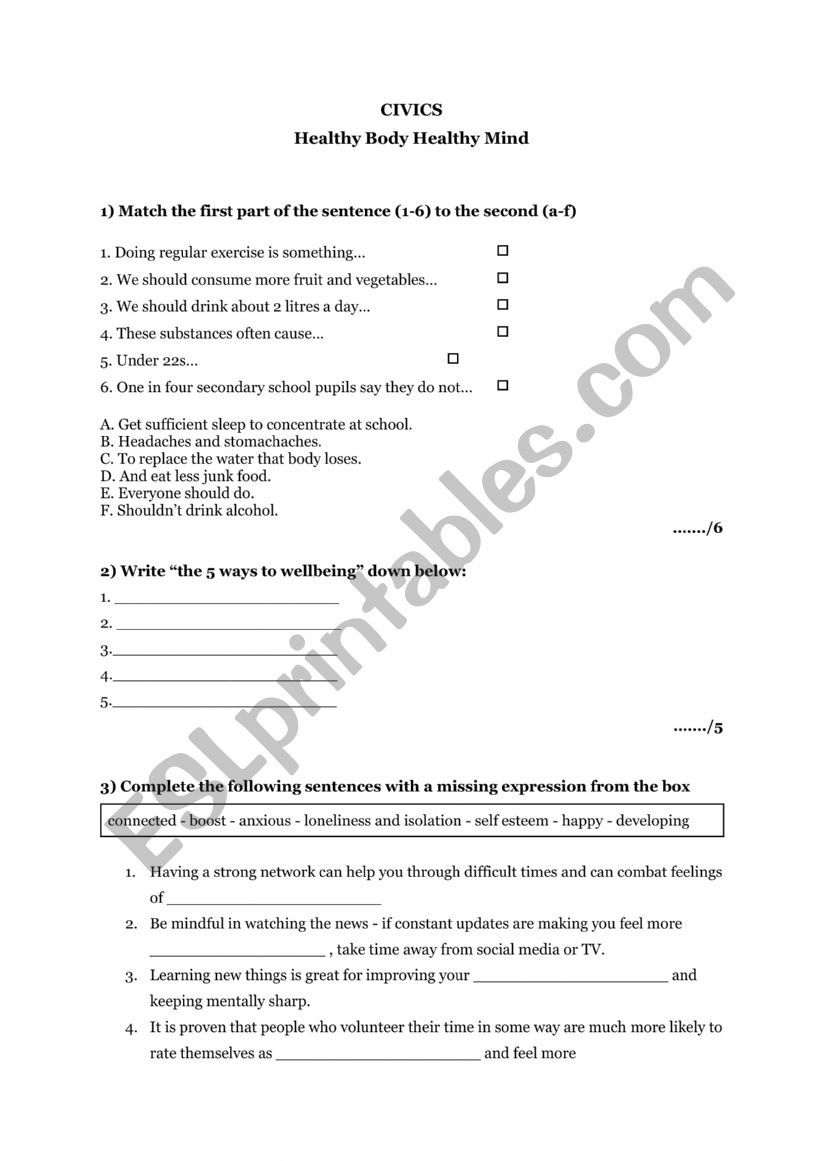 Health and well-being - test  worksheet