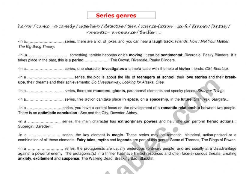 TV Series genres worksheet