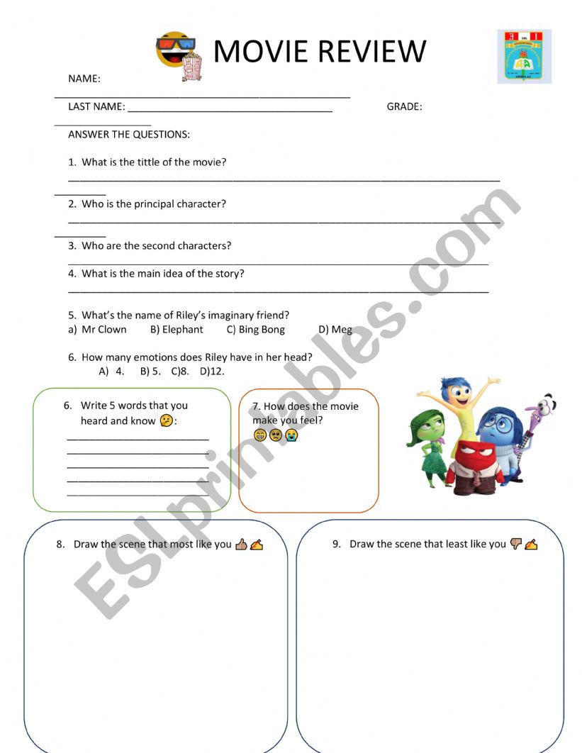 MOVIE REVIEW INSIDE OUT worksheet