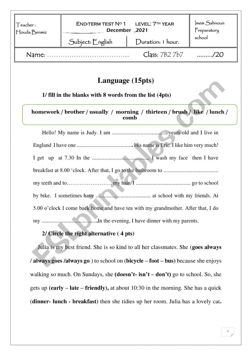 7th 1st term worksheet