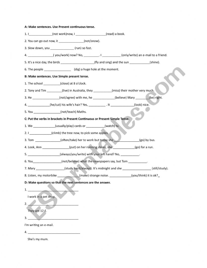 present tenses worksheet