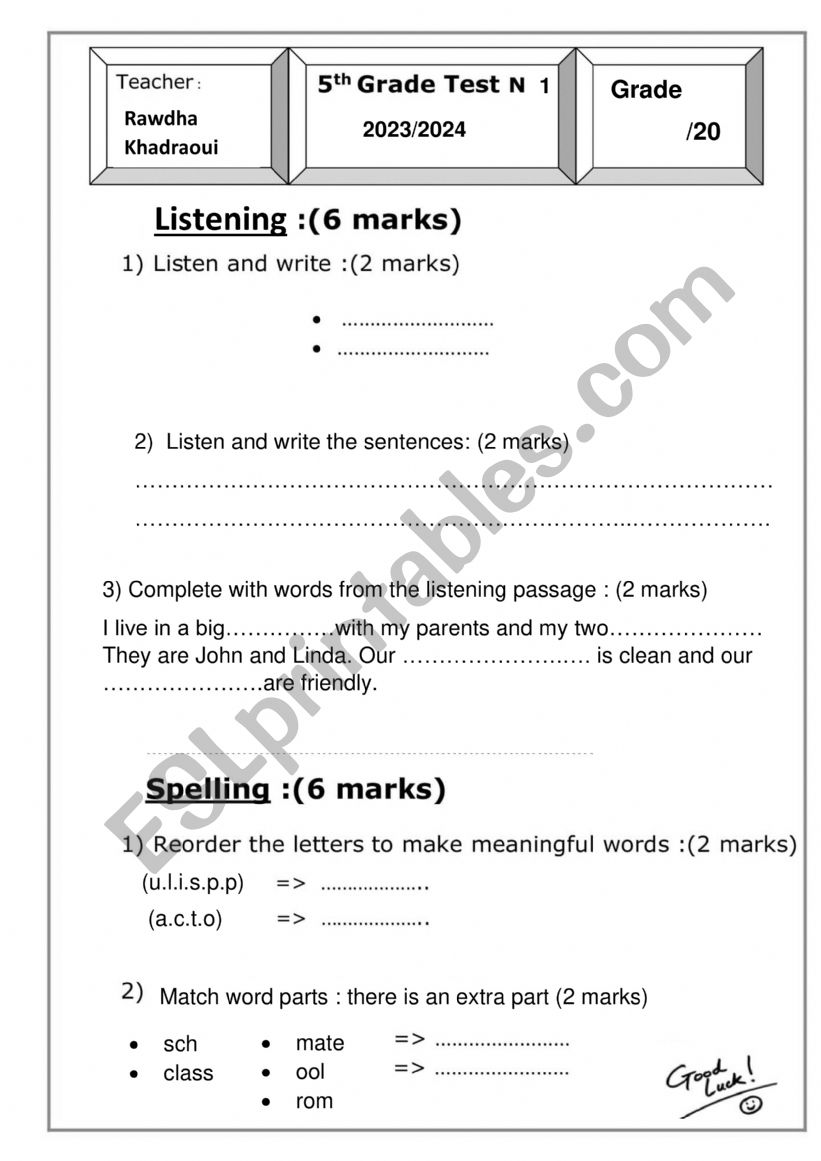 End term 1 5th grade Tunisian pupils Unit 1 (2023/2024)