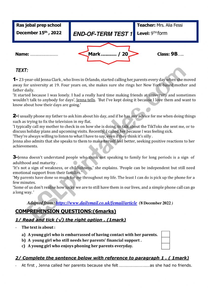 FIRST END OF TERM TEST FOR 9TH FORM