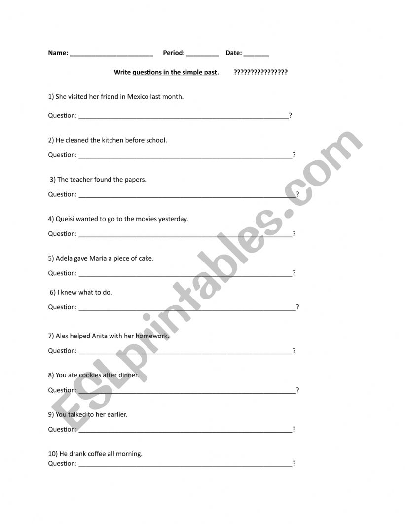 Simple Past Questions -  worksheet