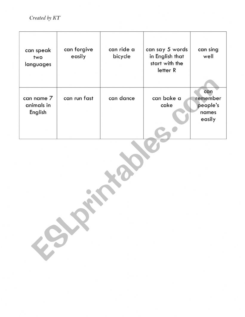 Bingo worksheet