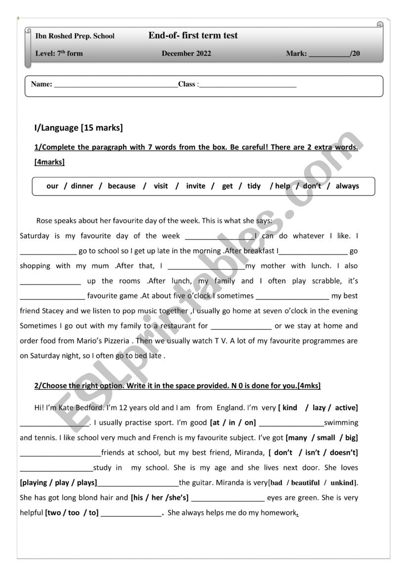 End-of-first term test 7th form