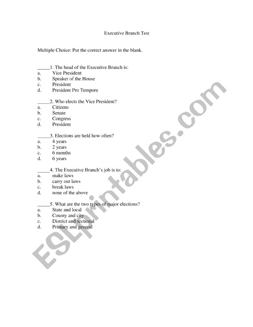 Executive Branch Test worksheet