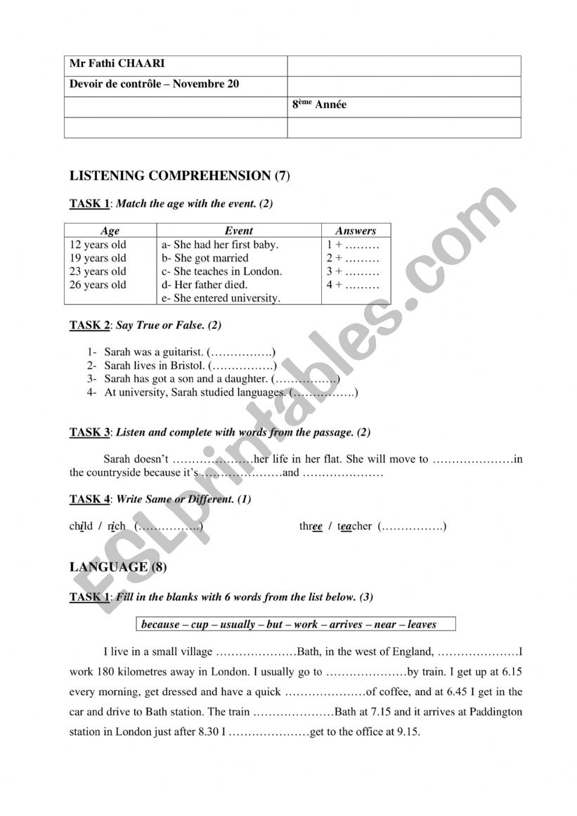 8 Mid Term Test worksheet