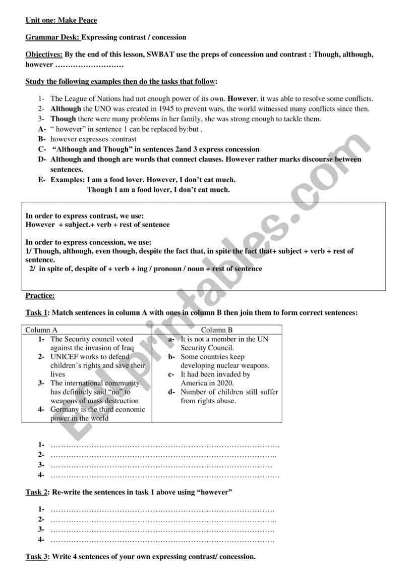 concession and contraste worksheet