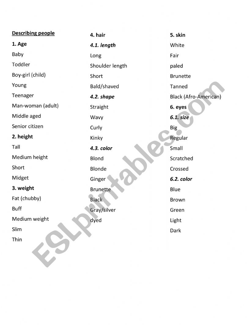 describing people vocabulary worksheet