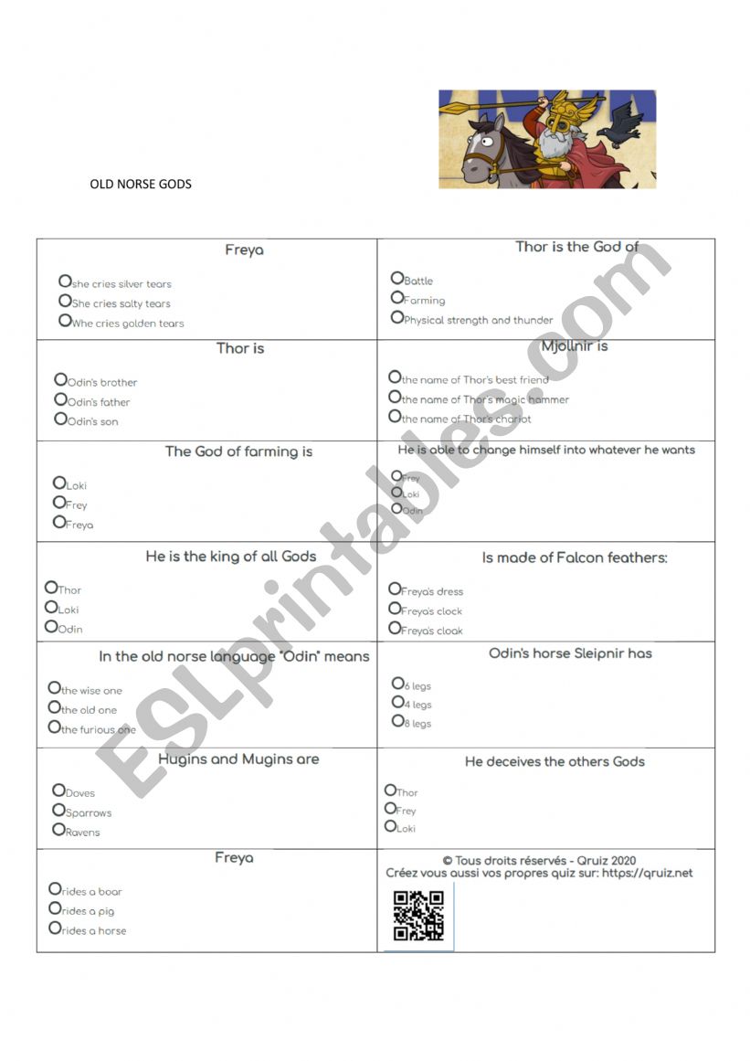 Quizz on Norse Gods worksheet