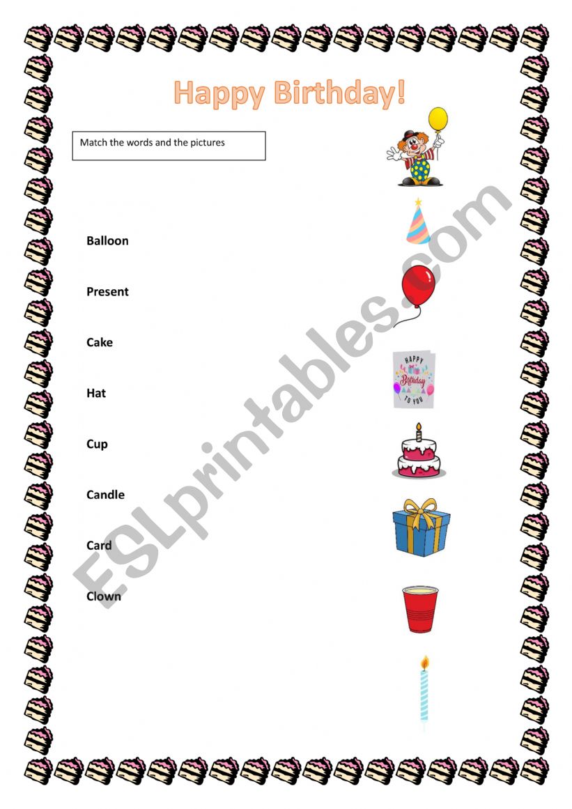 Birthday vocabulary matching words and pictures