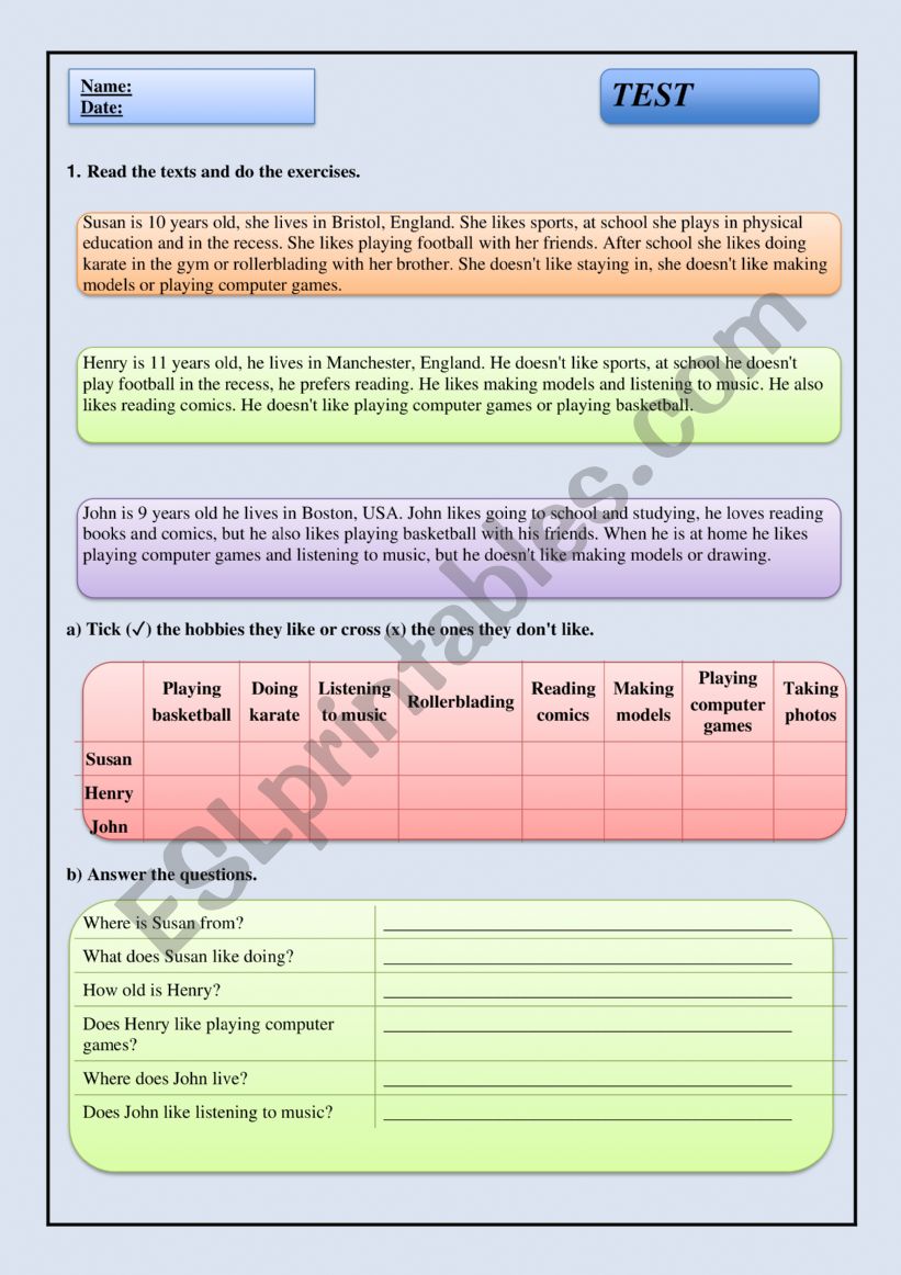 English test 9th class worksheet