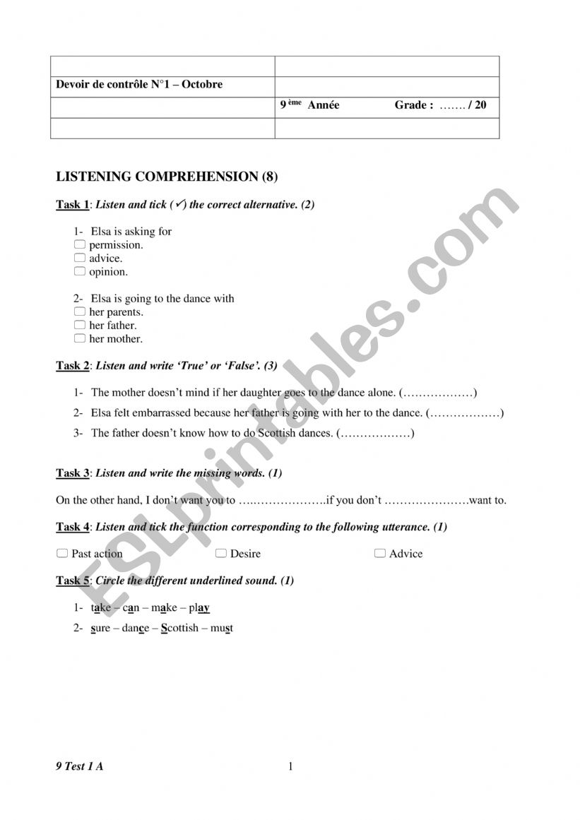 9 Mid term Test worksheet