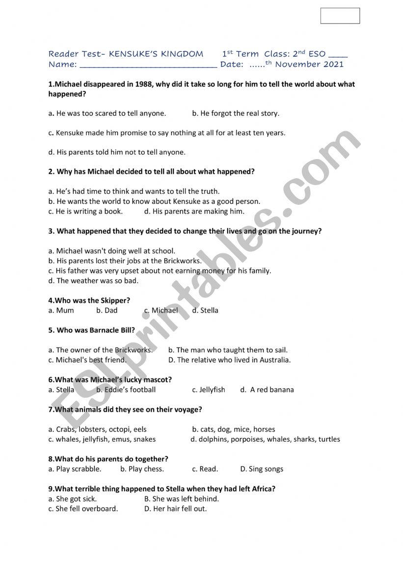 Kensukes Voyage  worksheet