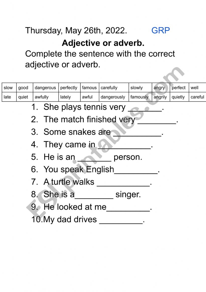 Adverbs and Adjectives exercise